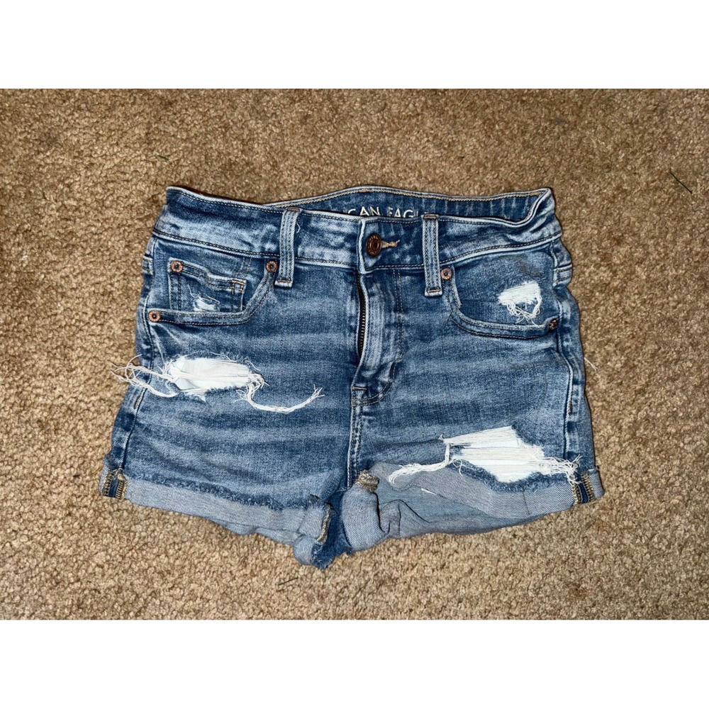 American‎ Eagle Outfitters Hi Rise Shortie Denim Shorts Distressed Blue Size 2